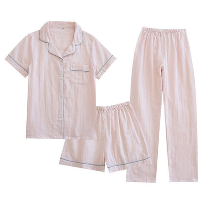 Three-piece cotton gauze pajamas for women in light pink with short sleeve top, shorts, and long pants
