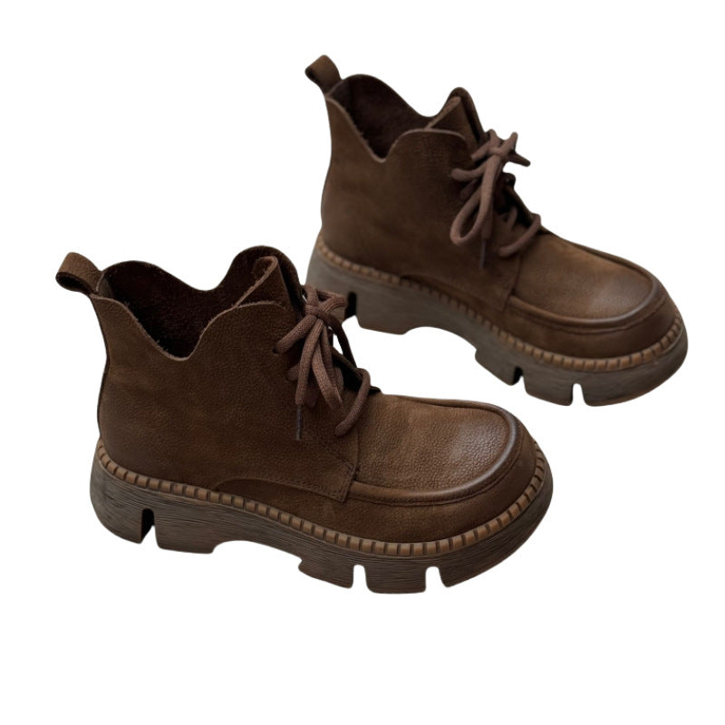Platform Round Toe Lace-up Casual Cowhide Women's Boots