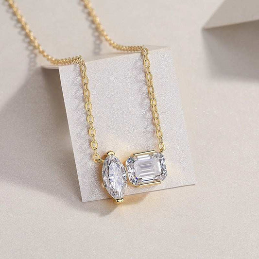 Double Diamond Shadow gold-plated pendant necklace with two octagonal and horse eye moissanite stones on S925 sterling silver chain