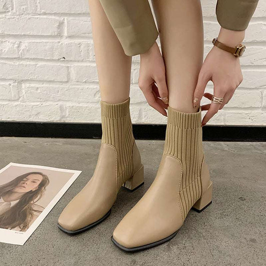 Personality niche square toe thick heel socks boots for women in khaki color