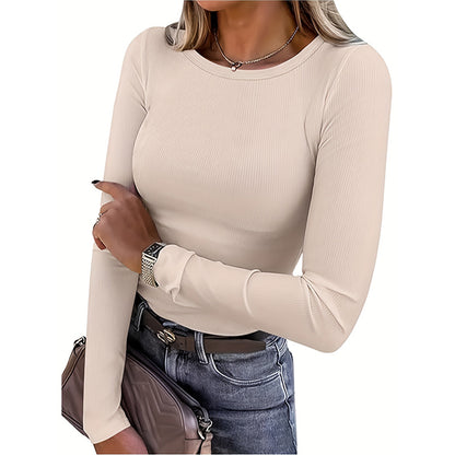 3 Pack Women's Long Sleeve Shirts, Crew Neck Ribbed Tops Slim Fit Casual Knit Tees Stretch Basic T Shirts