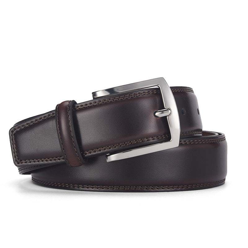 Men's genuine leather belt with silver alloy pin buckle in dark brown, casual style