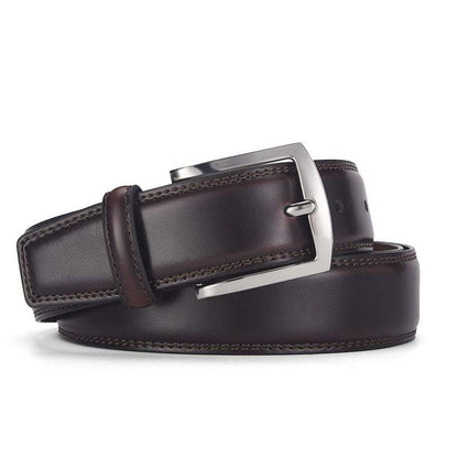 Men's genuine leather belt with silver alloy pin buckle in dark brown, casual style