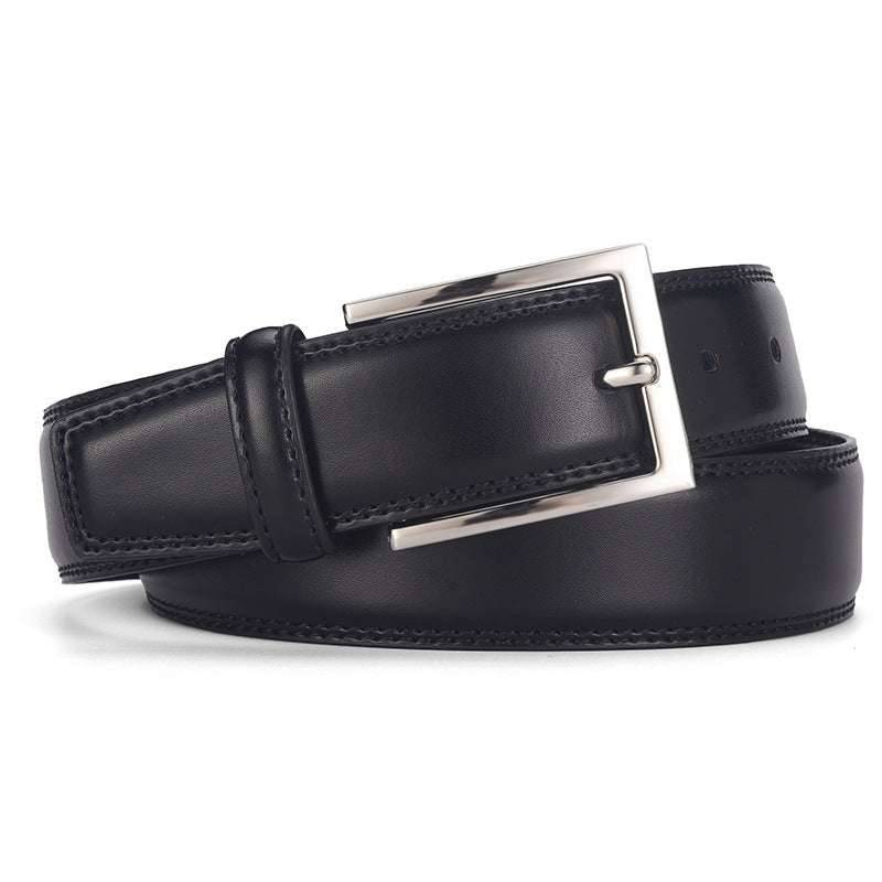 Black men's leather belt with silver pin buckle, genuine two-layer cowhide leather, casual classic style