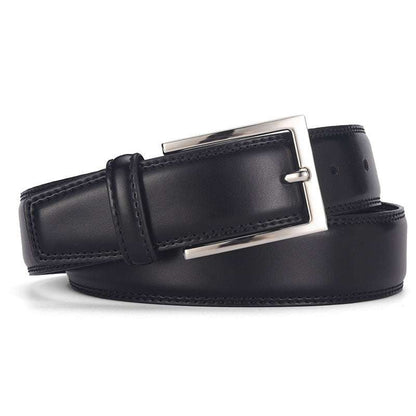 Black men's leather belt with silver pin buckle, genuine two-layer cowhide leather, casual classic style
