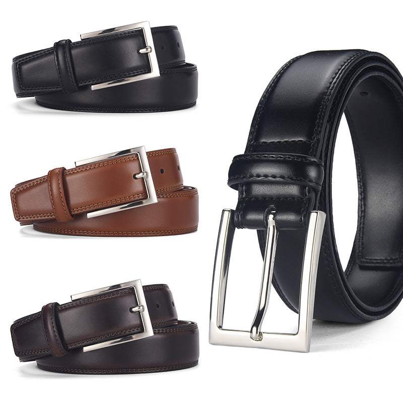 Men's genuine leather belts with pin buckle in black, brown, and dark brown colors, made from two-layer cowhide with alloy buckle.
